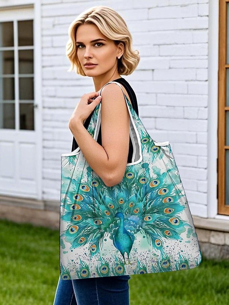 Sac fourre-tout pliable à imprimé paon pour femme - Sac de courses réutilisable de grande capacité avec un design aquarelle élégant, léger et élégant, idéal pour un usage quotidien, les voyages et les achats écologiques de 2025 ? $14.99 –P1