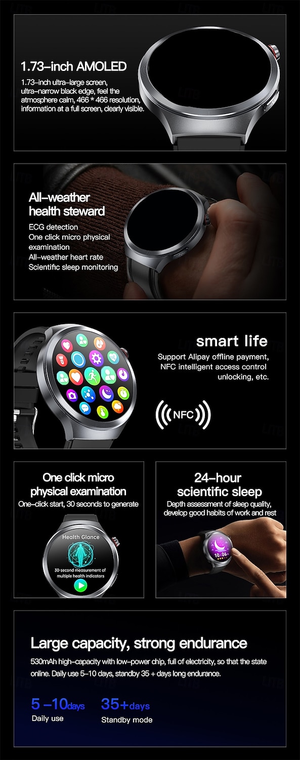 ET475 Smartwatch 1.73'' AMOLED Smartwatch with Bluetooth Calling, SOS Emergency, Multi-Sport Mode, Fatigue & Sleep Detection, Rotating Crown, Waterproof Round Dial Watch for Men 2025 - $79.99 –P2
