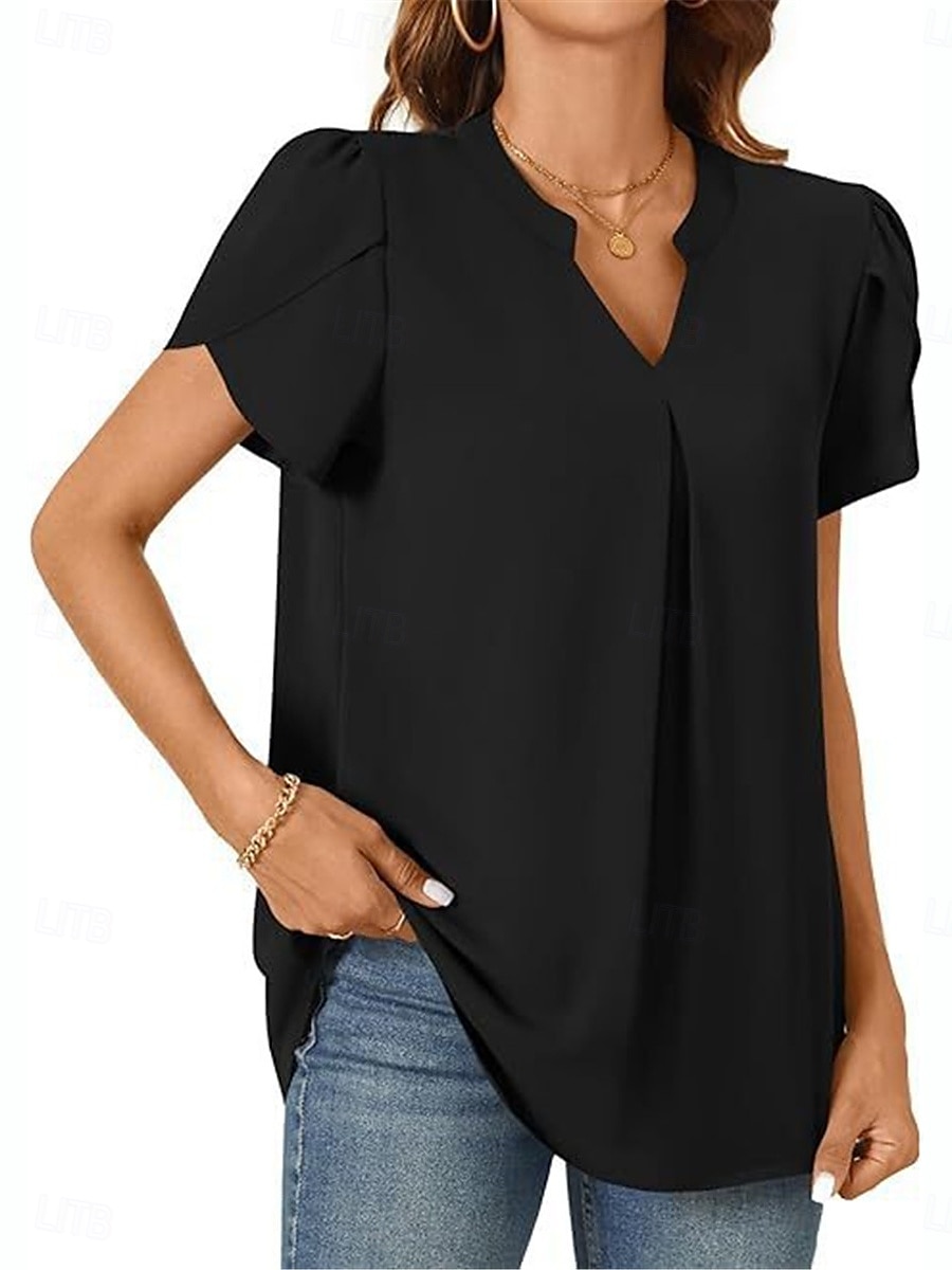 Femmes Chemisier Couleur Unie Élégant Basique Occasionnel Manche Courte Col en V Hauts Réguliers Quotidien Noir Blanche Bleu Vert Abricot Été de 2025 ? $19.99 –P10