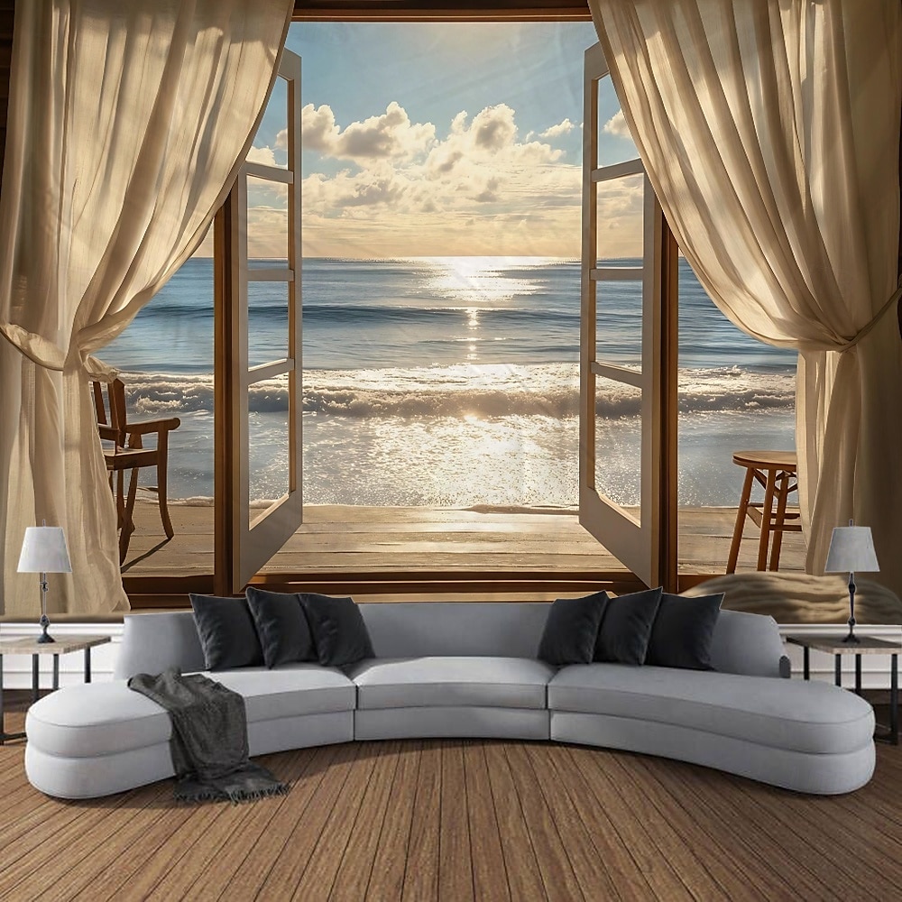 vindusgardiner havbølger kokospalmer landskap billedvev dekorativ kunst tepper gardiner hengende hjem soverom stue dekorasjon 2026 - $16.99 –P9