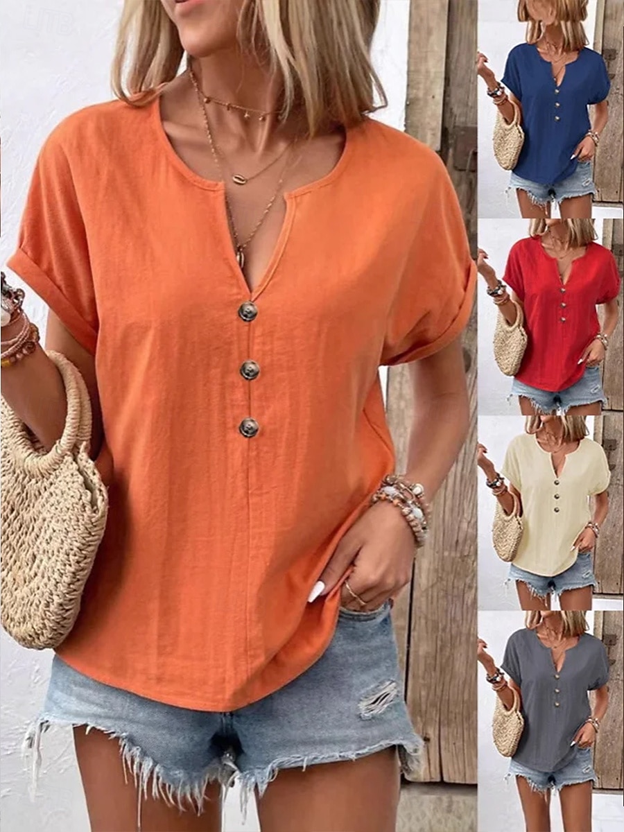 Per donna Blusa Tinta unica Semplice Elegante Vintage Casual Manica Corta Scollo a V Collo a V Top Regolari Quotidiano Ferie Bottoni Bianco Rosso Blu marino Arancione Beige Estate Primavera del 2025 a $19.99 –P1
