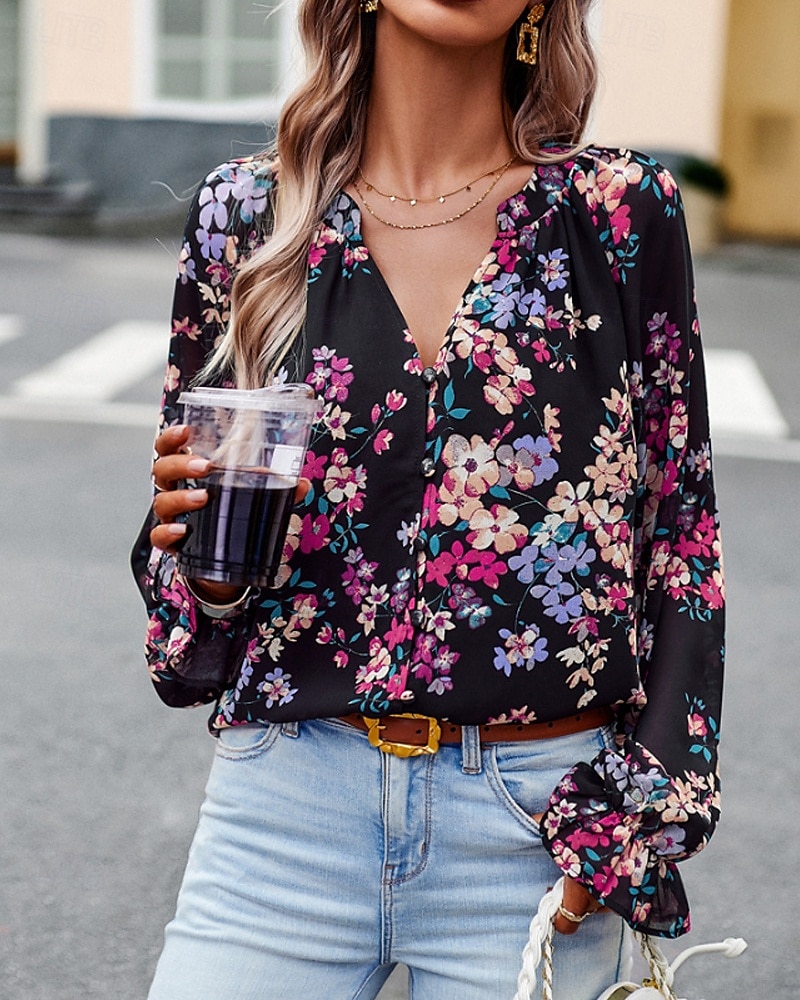 Femmes Chemise Bohème Chemisier Fleur Moderne Boho manche longue Col en V Hauts Réguliers Quotidien Sortir Imprimé Noir bleu marine Bleu Abricot Été de 2025 ? $26.99 –P7