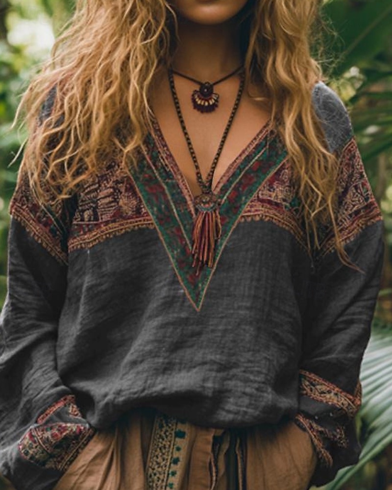 Women's Cotton Linen Shirts Boho Shirt Blouse Flower Modern Boho Long Sleeve V Neck Regular Tops Holiday Going out Print Black Red Orange Dark Gray Apricot Summer 2025 - GBP £19.99 –P3