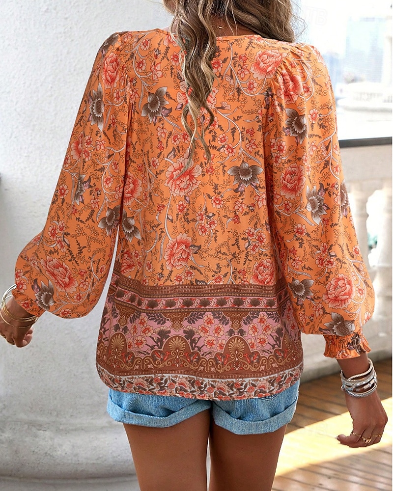 Women's Boho Shirt Blouse Flower Modern Boho Long Sleeve V Neck Regular Tops Daily Going out Print Yellow Pink Navy Blue Blue Orange Summer 2025 - $22.99 –P17