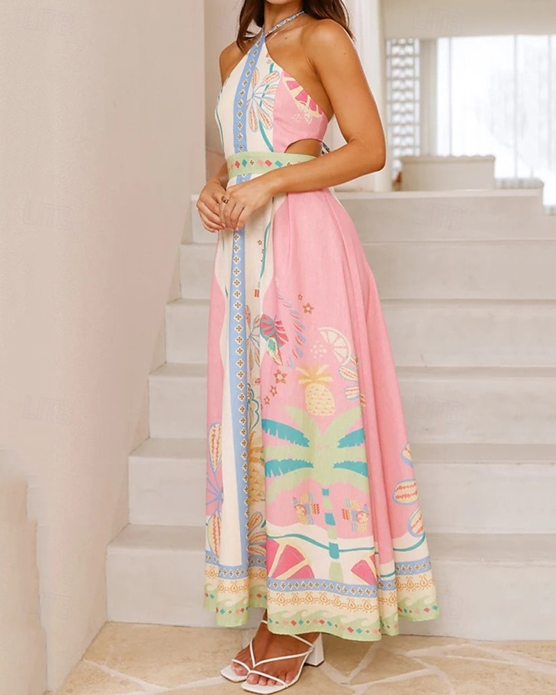 Pentru femei Rochie Lunga Rochie Maxi Rochii de in bumbac Rochie casual Modă În aer liber Petrecere Concediu Fit regulat Floare Manșon scurt Gâtul halter Roz Îmbujorat Vară 2025 - $38.99 –P4