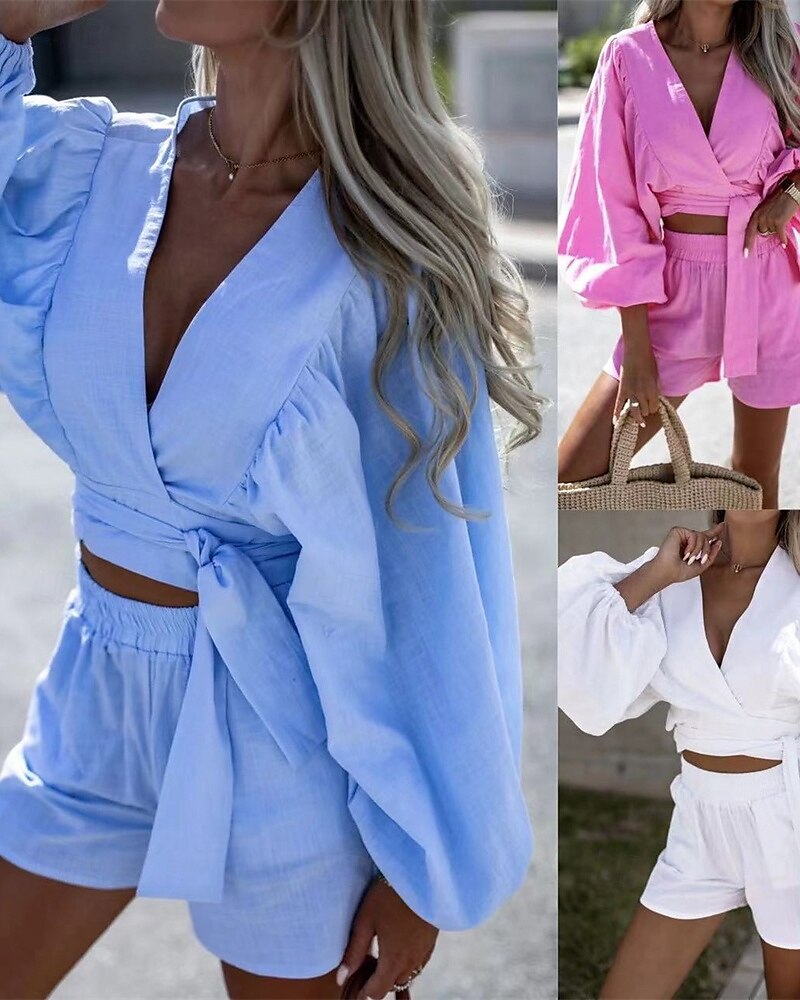 Mulheres Moda Roupa de rua Camisas de algodão e linho Conjuntos de linho de algodão Conjuntos de shorts Manga Curta Decote em V Profundo Tecido Imprimir Roupa Diária Encontro Rosa Azul Verão Normal de 2025 por $27.99 –P1