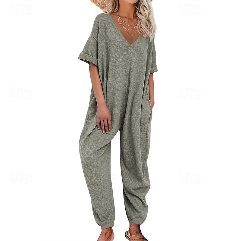 Női Szabályos Jumpsuitek Stílusos Tömör szín Féhosszú Háremnadrág V-alakú Zseb Utca Napi Normál Fekete Sárga Arcpír rózsaszín Nyár 2025 - $27.99 –P5