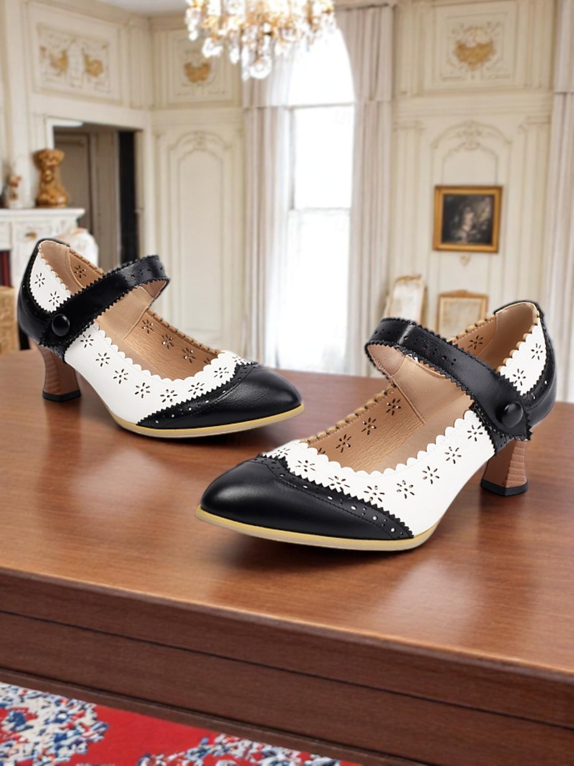 Women's 1900s Edwardian Vintage Gatsby Mary Jane Shoes-Green and White Leather Cutout Heels with Scalloped Edge, Perfect for Historical Costumes, Retro Parties, and Daily Wear 2026 - $54.99 –P4