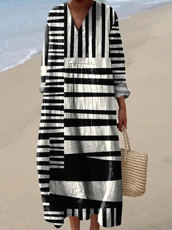 Women's Midi Dress Sundress A Line Dress Vacation Casual Boho Going out Beach Graphic Geometric Stripe Long Sleeve V Neck Black Yellow Dark Pink Blue Summer Spring 2025 - $35.99 –P3