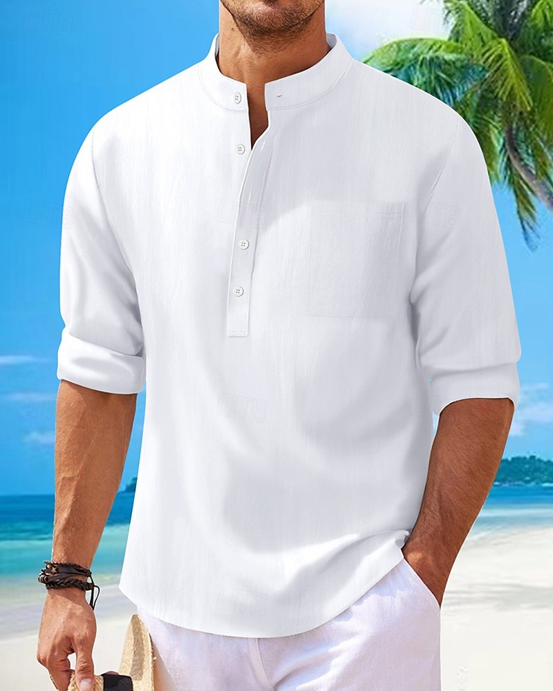 Herren Hemd Leinenhemd Popover-Hemd Freizeithemd Baumwollhemd Einfach Urlaub Hawaiianisch Schwarz Weiß Rosa Marineblau Langarm Stehkragen Frühling Herbst Bekleidung 2025 - $21.99 –P2