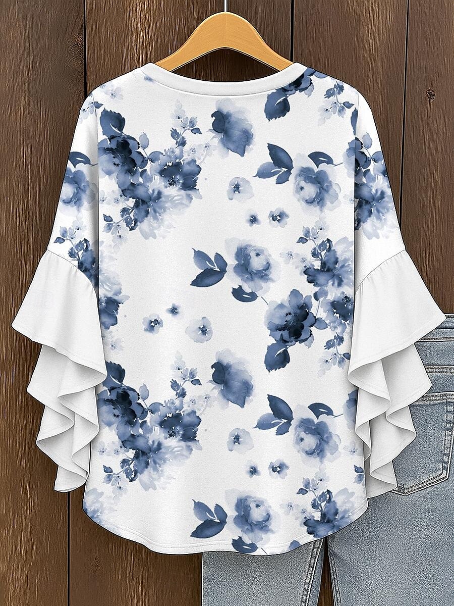 Blusa da Donna con Maniche a Ruffle a Strati Grafica Floreale Elegante Bohemia Vintage Maniche a 3/4 Collo a V Maglietta Regolare Abbigliamento Estivo Primaverile per Vacanze Stampa Gialla Rossa Blu del 2025 a $29.99 –P2