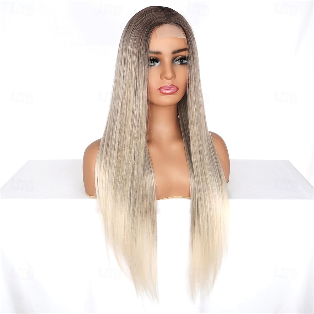 Peruca loira ombré longa de aparência natural com raízes castanhas, sem cola, para mulheres, cabelo sintético liso e sedoso, resistente ao calor, 28 polegadas de 2025 por $27.99 –P2