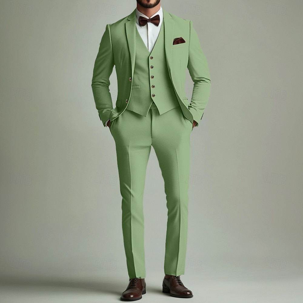 Uomo Matrimonio Feste Completi Verde salvia Formale Tinta unita Vestibilità standard 3 pezzi Monopetto Due Bottoni del 2025 a $122.99 –P2