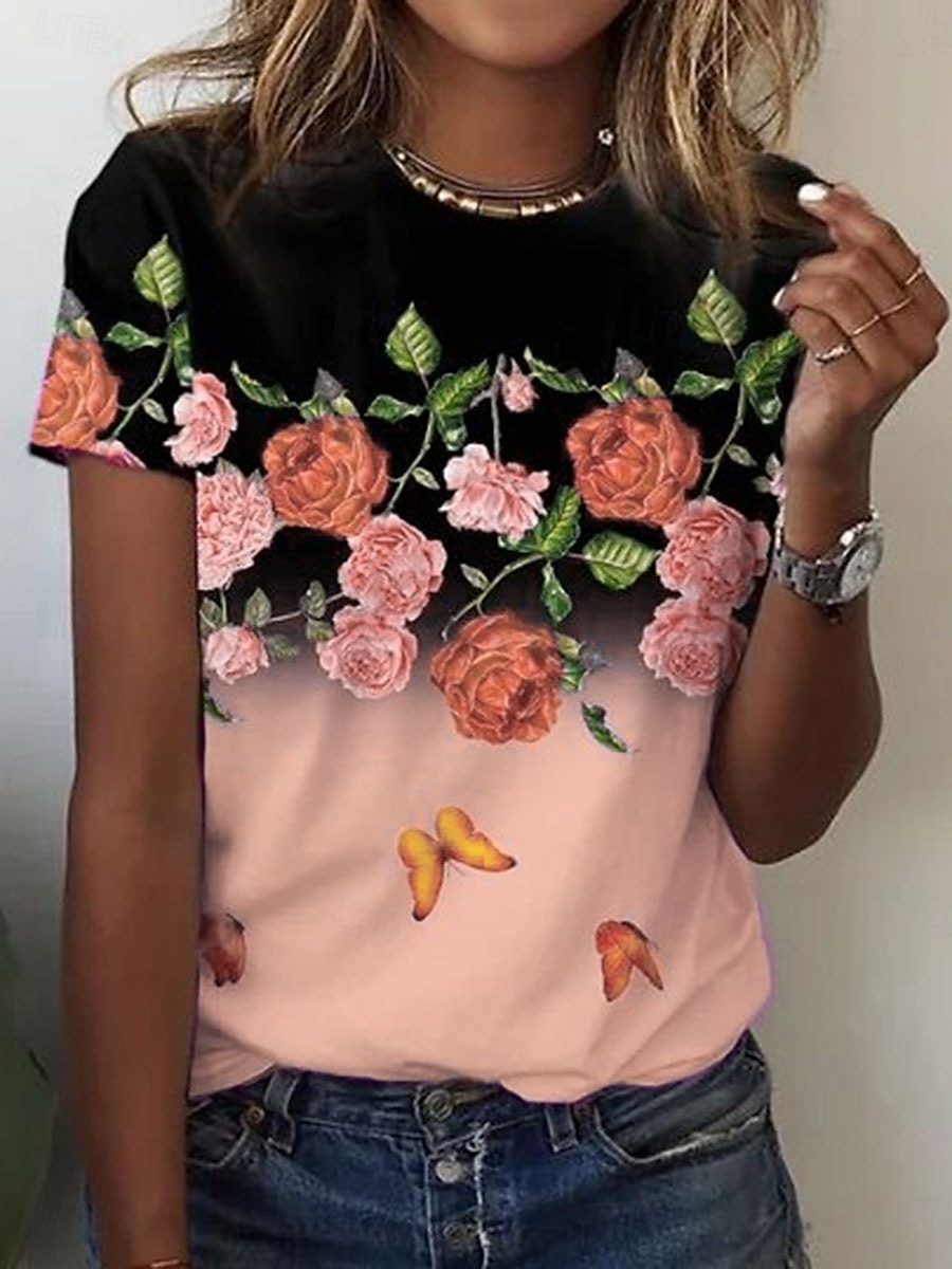 Pentru femei Tricou Ombre Floral Grafic Epocă Stilat Clasic Manșon scurt Stil Nautic Rotund Topuri obișnuite Zilnic Imprimeu Roz Îmbujorat Albastru piscină Portocaliu Vară 2025 - $19.99 –P4
