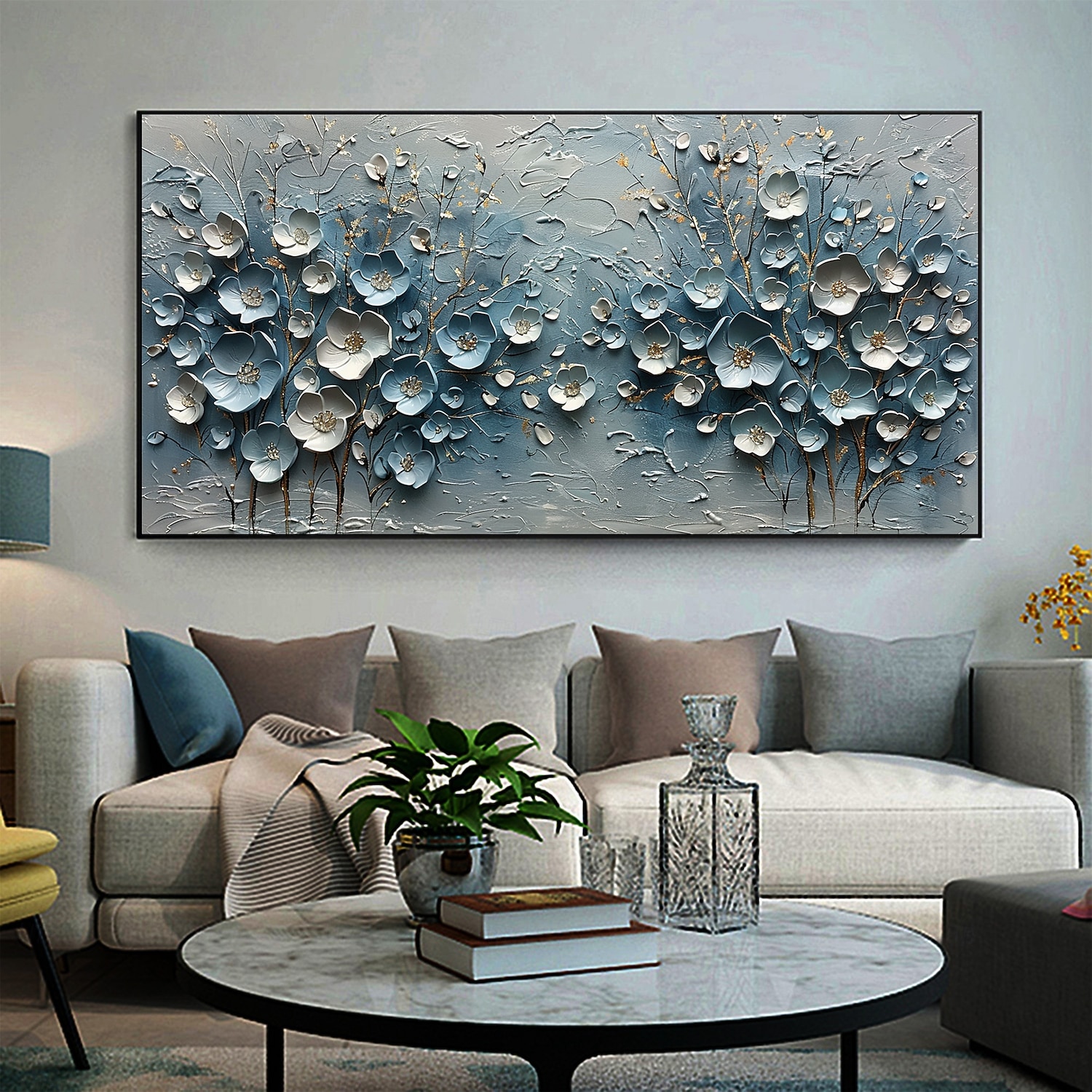 Peinture à l'huile originale faite à la main de fleurs bleues sur toile, art mural abstrait de paysage d'arbre pour la décoration intérieure avec cadre tendu sans cadre intérieur de 2025 ? $131.99 –P4