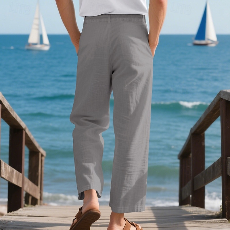 Herr Linne Byxor Långbyxor Sommarbyxor Strandbyxor Ficka Snörning Elastisk midja Slät Komfort Andningsfunktion Semester Dagligen Helgdag Hawaiisk Boho Ljus kaki Svart 2025 - $22.99 –P13