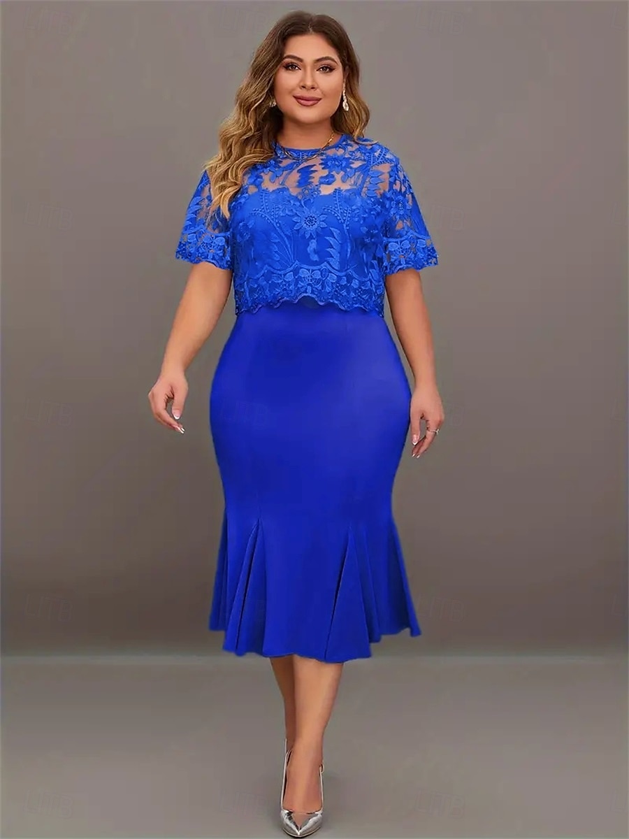 Robe mère de la mariée robe élégante col rond longueur thé dentelle manches courtes avec couleur unie de 2025 ? $49.99 –P10