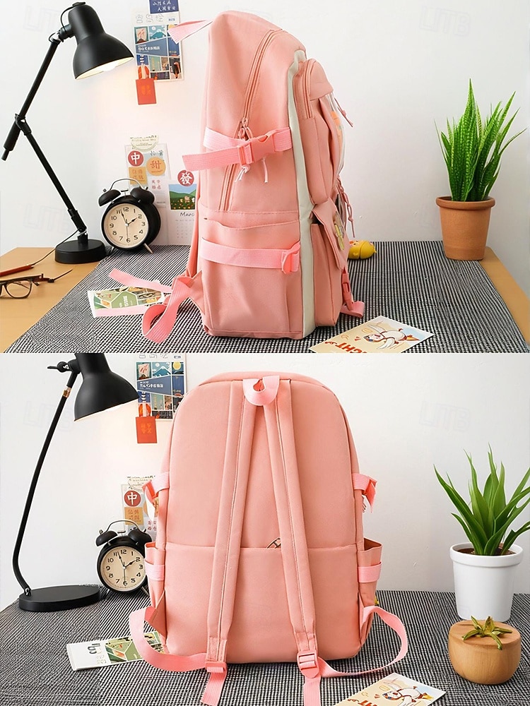 damski 6-częściowy uroczy plecak kawaii z przezroczystymi kieszeniami z przodu, przypinkami z kreskówek i pluszowymi zawieszkami, lekka nylonowa torba szkolna dla nastoletnich dziewcząt, do codziennego użytku na uczelnię 2026 - $34.99 –P6