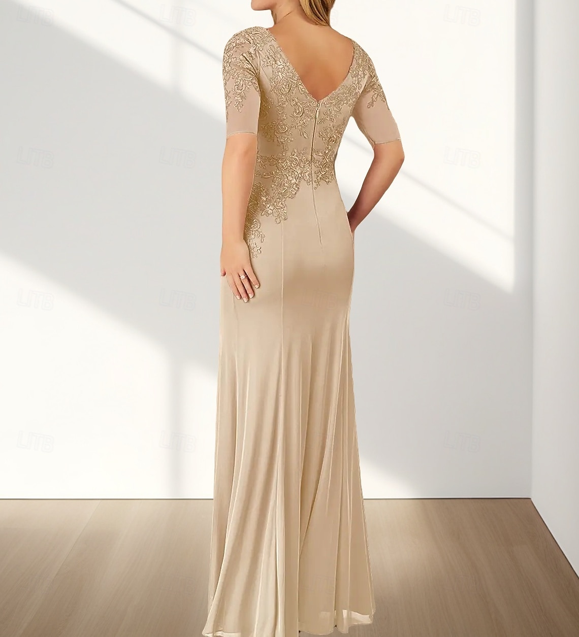 Zeemeermin  Trompet Moeder Van De Bruid Jurk Bruiloft Gast Elegante Crew Hals Vloerlengte Chiffon Halve Mouw Met Applicaties 2025 - $158.99 –P4
