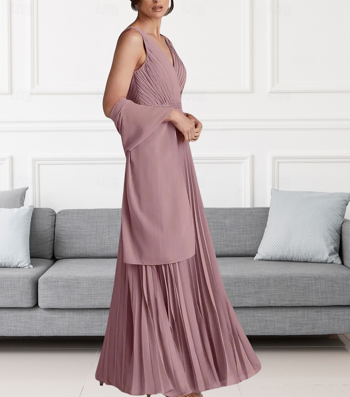Ligne A Robe de Mère de Mariée  robe demoiselle d honneur Élégant Col en V Longueur au sol Chiffon Sans manches Echarpe incluse avec Perlage Fronces 2025 de 2025 ? $164.99 –P4