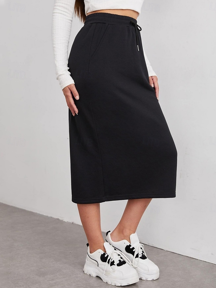 Ženská sukně jednobarevná módní casual maxi sukně s vysokým pasem jednoduše kapsa elastická street denní černá šedá léto polyester 2025 - $17.99 –P7