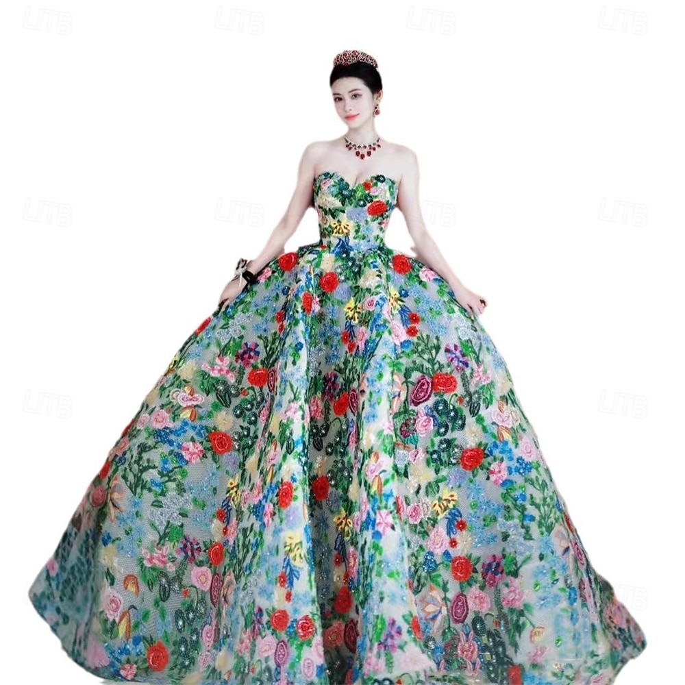 Abito da Ballo Quinceanera Elegante Abito Formale Matrimonio Lunghezza Piena Senza Maniche Senza Spalline Tulle Senza Schiena con Stampa Floreale Abito Ospite Matrimonio 2025 del 2025 a $219.09 –P5