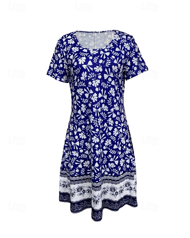 Pentru femei Rochie Mini Rochie florala Rochie Boho Clasic În aer liber Vacanță Zilnic Fit regulat Floare Manșon scurt Stil Nautic Albastru piscină Vară 2025 - $23.99 –P2