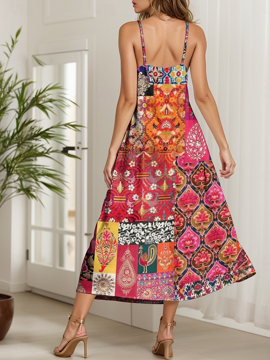 Dam Maxiklänning Solklänning A linjeklänning Slipklänning Semester Ledigt Boho Strand Normal Grafisk Årgång Bohemisk Ärmlös V-hals Gul Rubinrött Blå Purpur Sommar Vår 2025 - $28.99 –P2