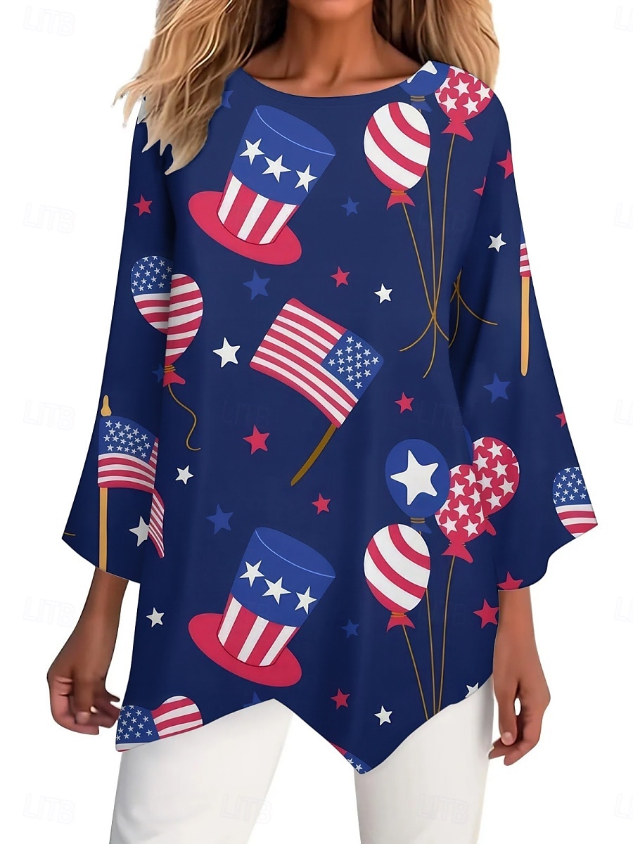 Cămașă Patrotică pentru Femei Steag Stilat Casual Mâneci de 3/4 Guler Crew Topuri Regulate Zilnice Imprimat Alb Roșu Albastru Marin Albastru Vară Primăvară 2025 - $17.99 –P4