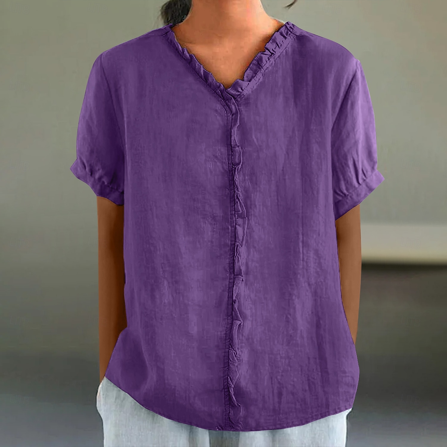 Chemisier en coton et lin pour femme, couleur unie, élégant, décontracté, manches courtes, col en V, régulier, quotidien, vacances, plissé, noir, blanc, rose, violet, vert, été de 2025 ? $23.99 –P8