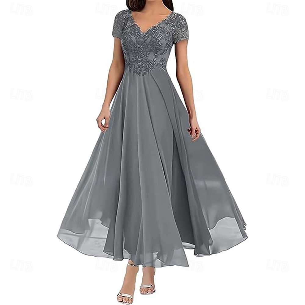 A-Linie Brautmutterkleid Elegant V Ausschnitt Bodenlang Polyester Kurzarm mit Einfarbig 2025 2025 - $119.99 –P1