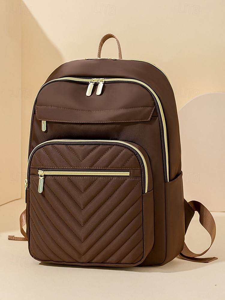 wasserabweisender Damen-Reiserucksack aus Nylon mit gesteppter Fronttasche, goldenen Reißverschlüssen und Gepäckgurt für Business-, Schul- und Wochenendausflüge 2026 - $32.99 –P1