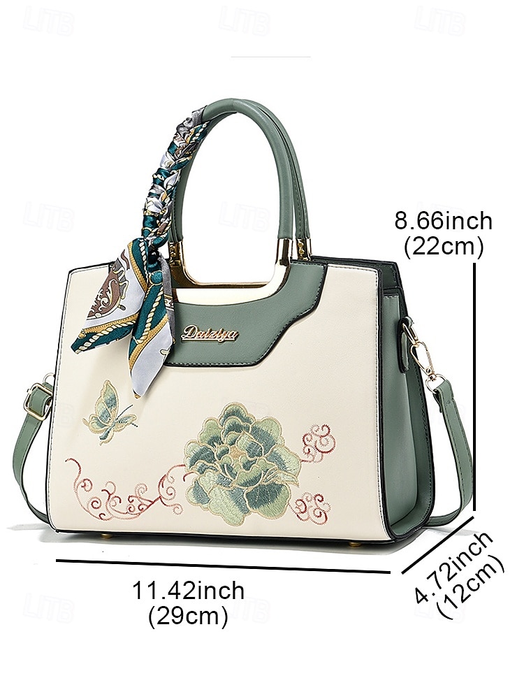 Women's Embroidered Faux Leather Handbag with Scarf Accent – Elegant Floral Top Handle and Shoulder Bag for Office, Weddings and Daily Outings 2026 - $34.99 –P10