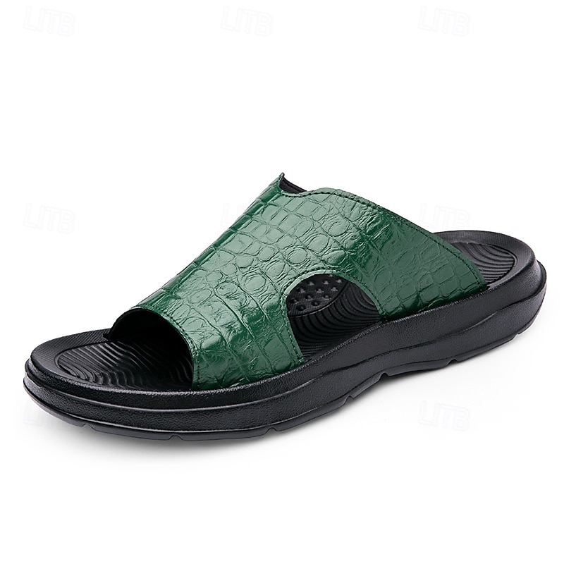Men's Copper Faux Leather Slide Sandals with Embossed Crocodile Pattern and Black Cushioned Sole – Stylish Slip-On Sandals for Indoor Lounge, Poolside Relaxation, or Resort Wear 2025 - $34.99 –P4