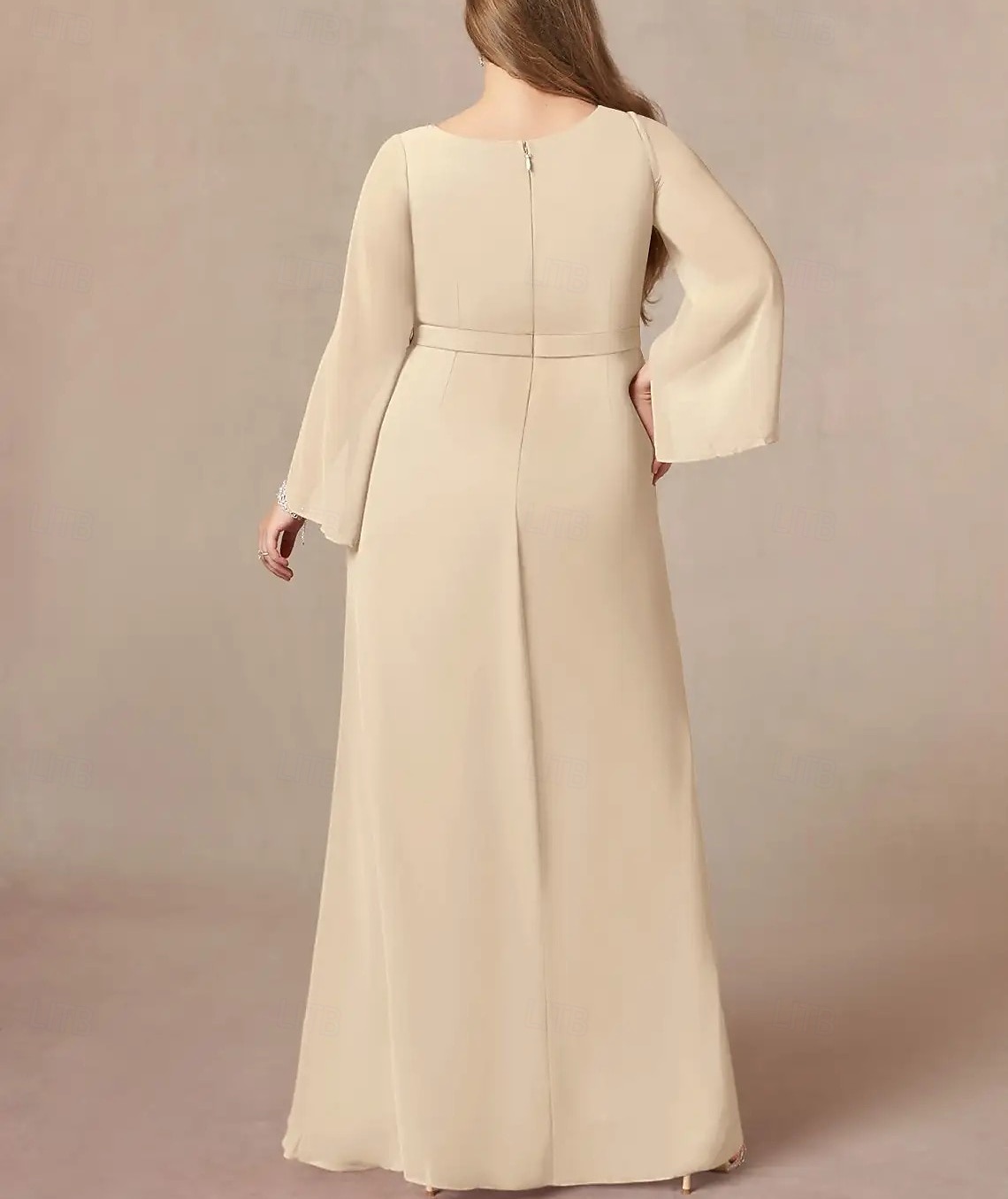 A-Linie Brautmutterkleid Hochzeitsgast Elegant V Ausschnitt Bodenlang Chiffon Spitze Langarm mit Falten Perlenstickerei Raffung 2025 2025 - $164.99 –P2