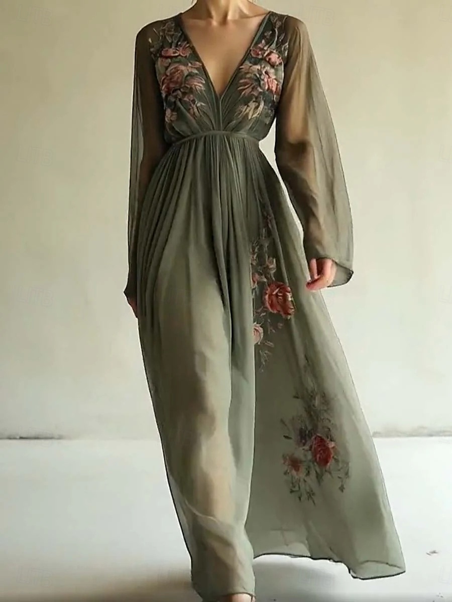 Femmes Robe maxi Robe trapèze Occasionnel Extérieur Sortir Coupe régulière Fleuri Graphique manche longue Col en V Vert Été de 2025 ? $41.99 –P1