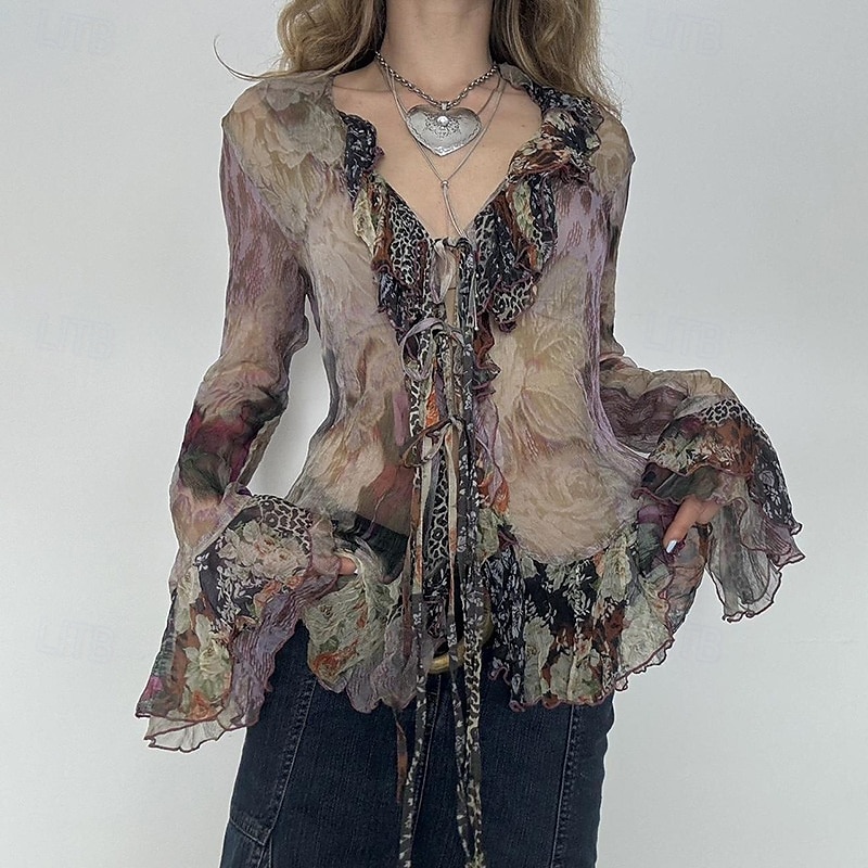 Damen Boho-Hemd Bluse Blume Modern Boho Langarm V Ausschnitt Normale Oberteile Täglich Ferien Netz Druck Purpur Sommer 2025 - $21.99 –P1