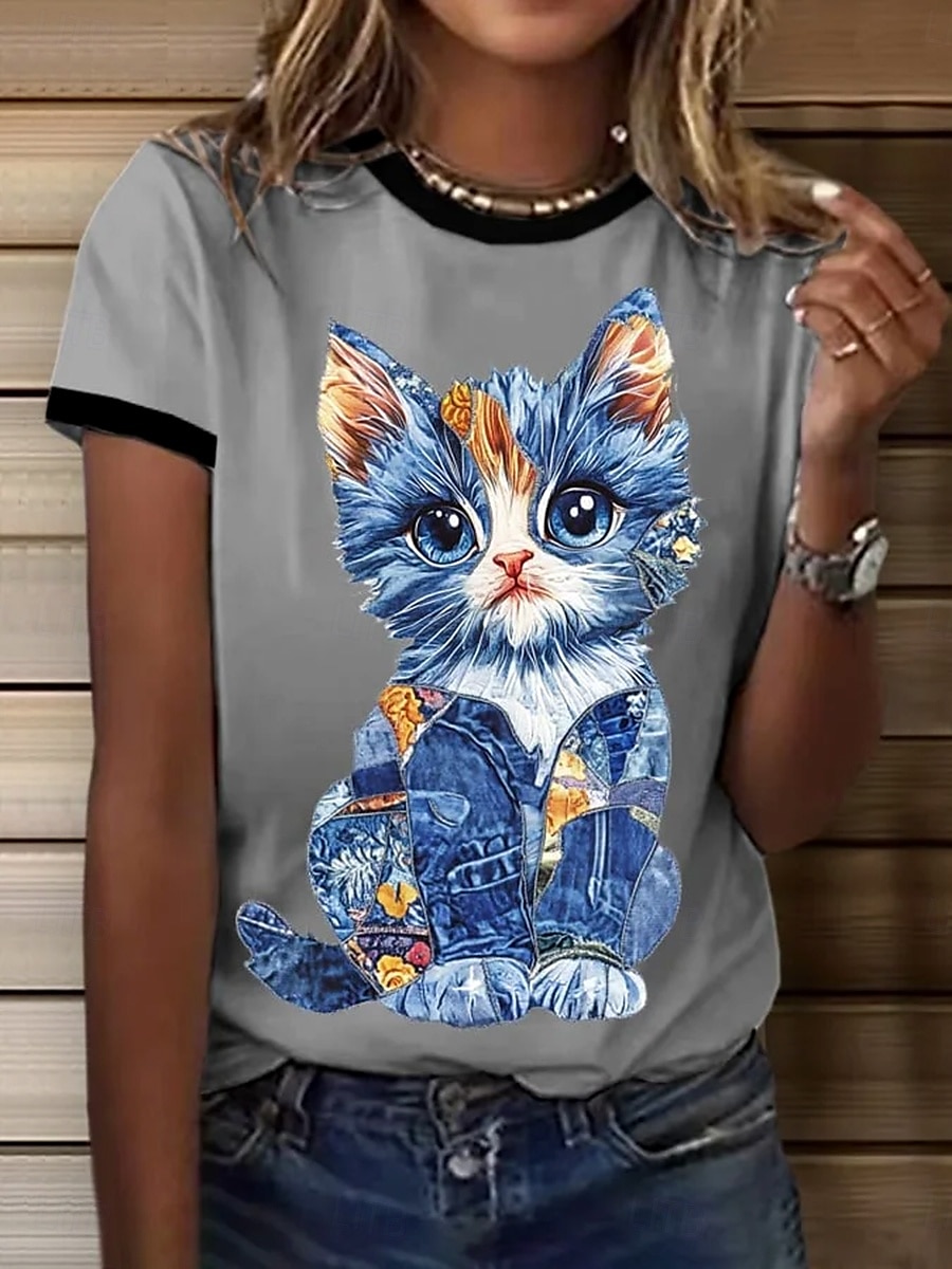 Dame T skjorte Grafisk Dyr Katt Årgang Stilfull Klassisk Kortermet Crew-hals Rund hals Vanlige topper Daglig Helg Trykt mønster Svart Hvit Blå lysegrå Sommer Vår 2025 - $19.99 –P3