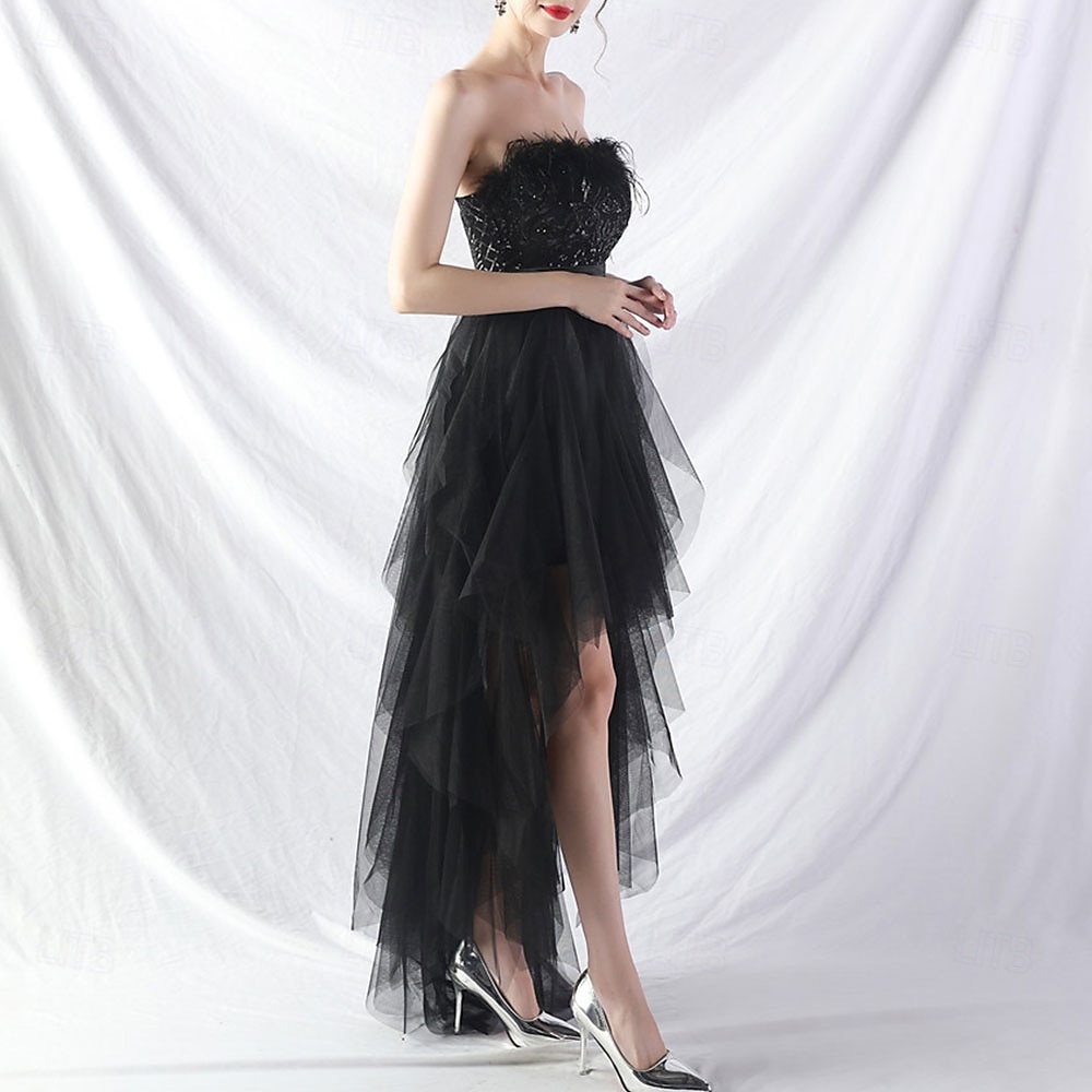 A-Line Quinceanera Dresses Elegant Dress Formal Wedding Asymmetrical Sleeveless Strapless Tulle Backless with Feather Embroidery 2025 - $84.99 –P23