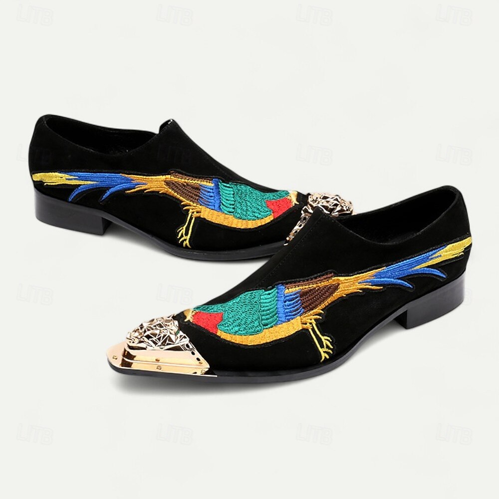 Mocasini bărbătești din catifea brodată, cu design colorat cu păsări și vârf metalic – pantofi eleganti de lux, fără mâneci, pentru petreceri și nunți 2025 - $109.99 –P4