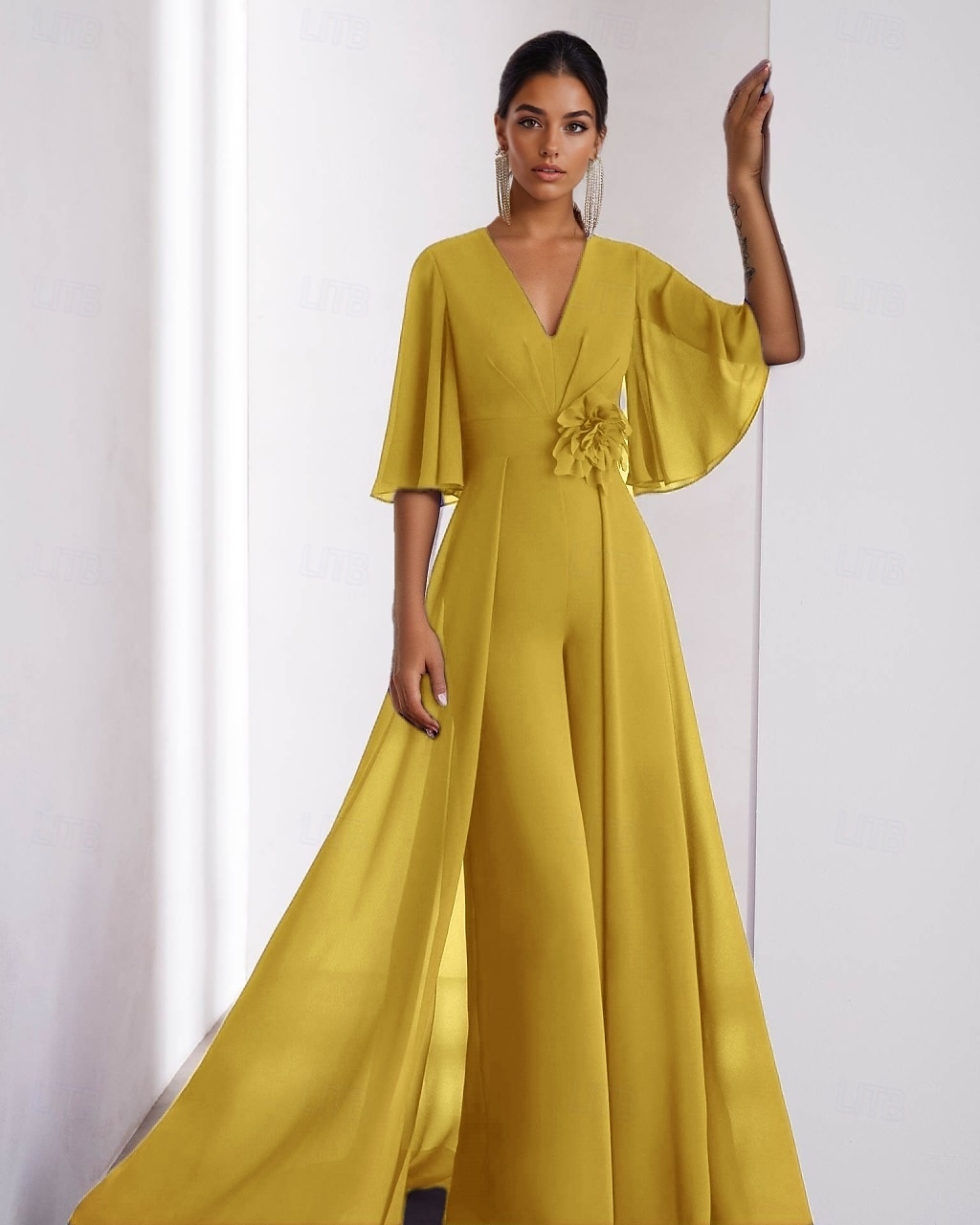 Overal pro matku nevěsty Šaty pro svatební hosty Elegantní vintage V výstřih podlahové délky chiffon s krátkým rukávem s nařasenými volánky 2025 - $134.99 –P4