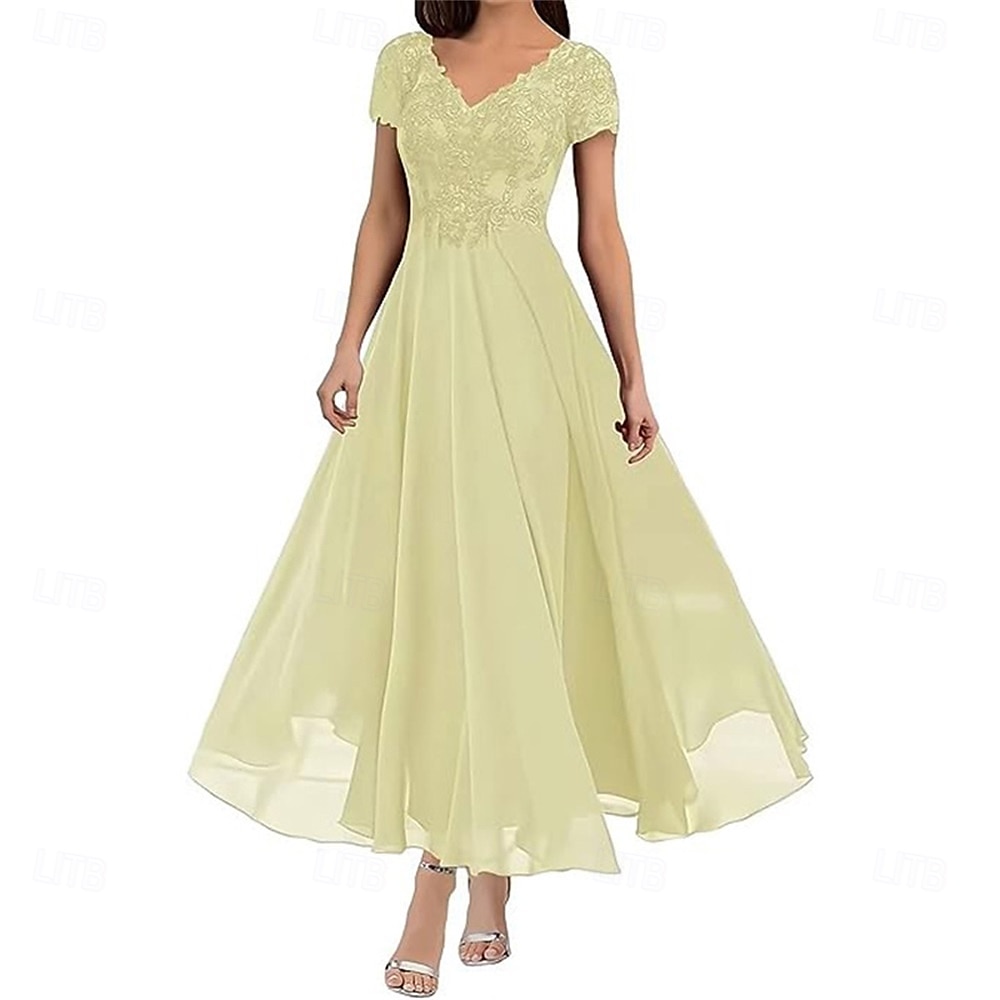 A-Linie Brautmutterkleid Elegant V Ausschnitt Bodenlang Polyester Kurzarm mit Einfarbig 2025 2025 - $119.99 –P4