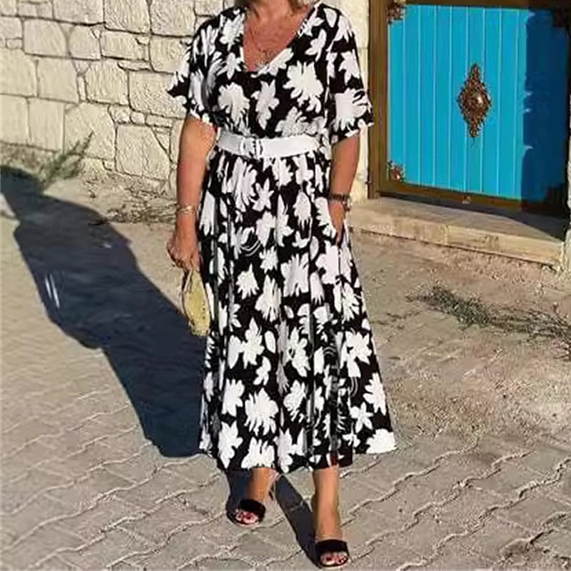 Dam Långklänning Maxiklänning Vardagsklänning Swingklänning Mode Utomhus Fest Helgdag Normal Blomma Kortärmad V-hals Svart Blå Sommar 2025 - $28.99 –P2