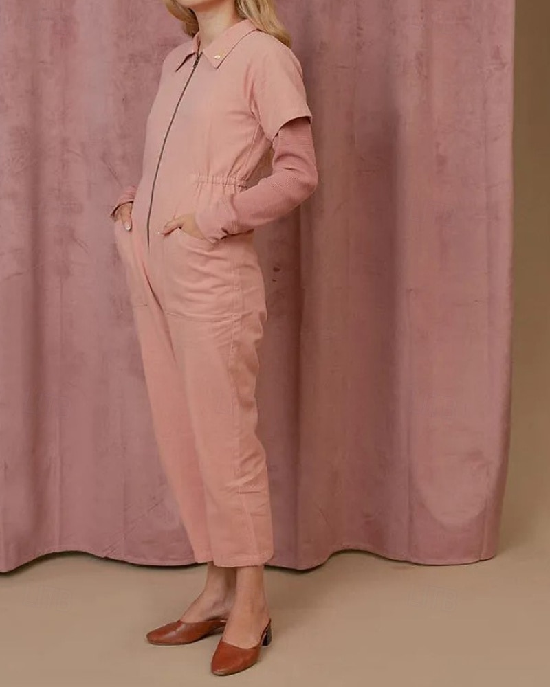 Damen Normal Overall Streetwear Einfarbig Kurzarm Hemdkragen Reißverschluss Ausgehen Wochenende Normale Passform Blau Schwarz Rosa Sommer 2026 - $31.99 –P9