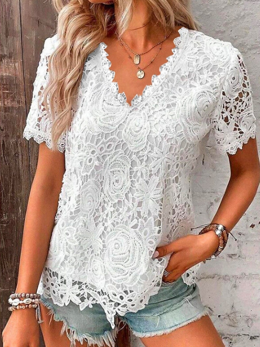 T-shirt pour femmes couleur unie graphique simple mode moderne décontracté à manches courtes col en V hauts réguliers quotidiens week-end dentelle patchwork noir blanc rose rouge été de 2025 ? $19.99 –P1