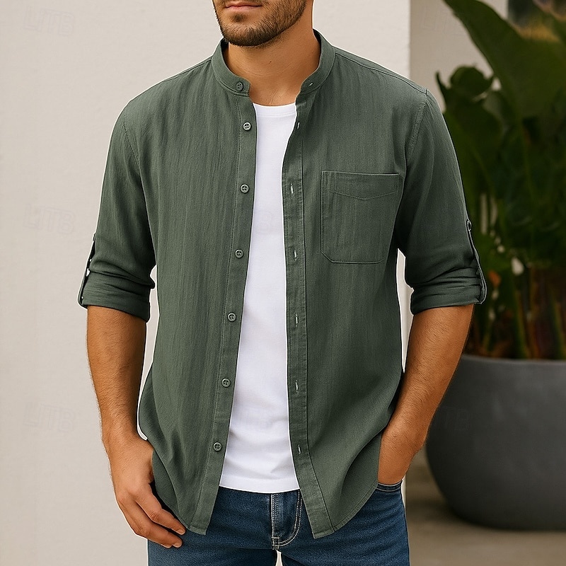 Hombre Camisa Camisa de lino Camisa casual Abotonar la camisa Remera de algodón Plano Vacaciones Calle Negro Blanco Verde Ejército 3/4 Mangas Cuello alto Verano Primavera Ropa Bolsillo delantero 2025 - $13.99 –P1