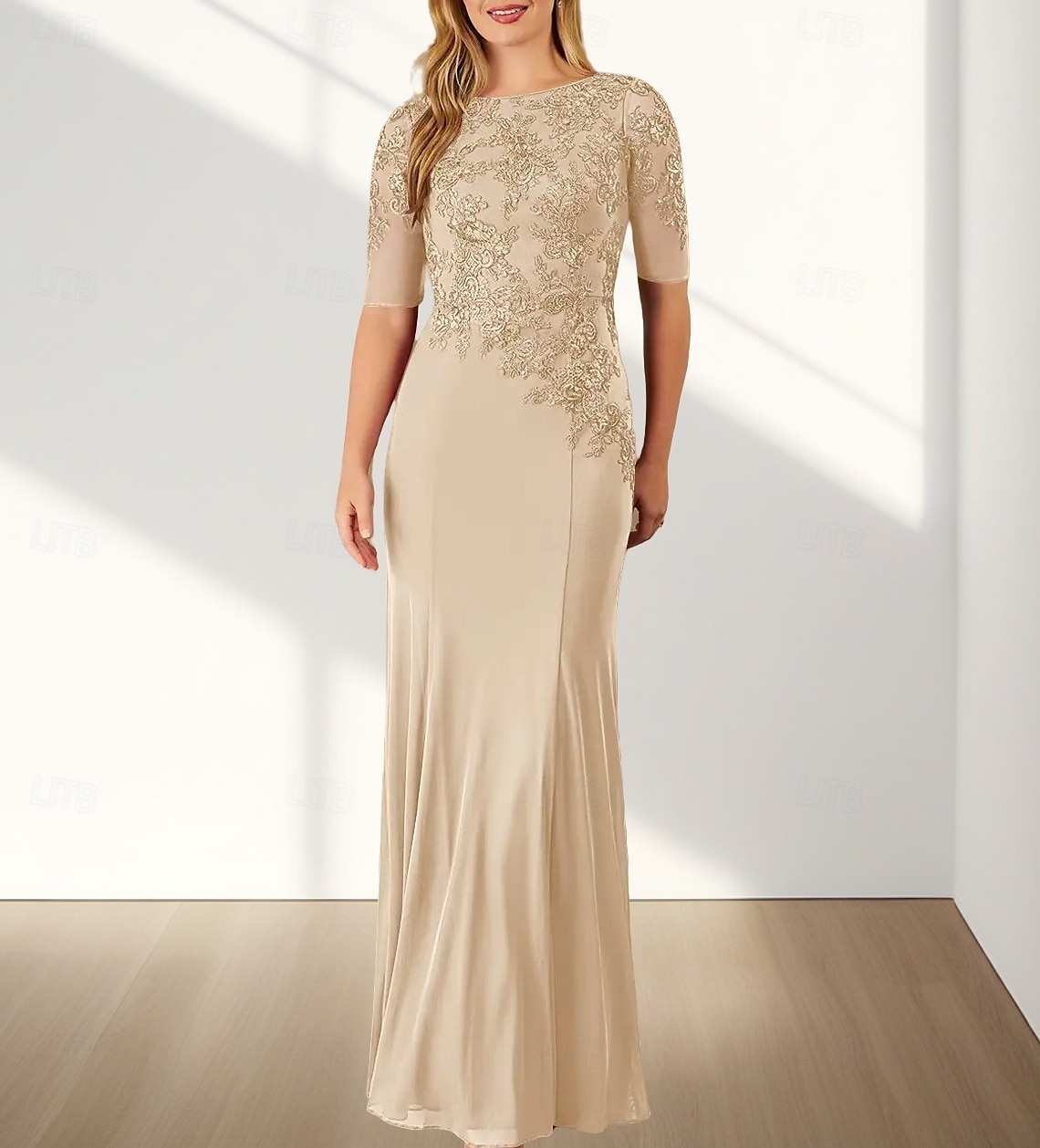 Zeemeermin  Trompet Moeder Van De Bruid Jurk Bruiloft Gast Elegante Crew Hals Vloerlengte Chiffon Halve Mouw Met Applicaties 2025 - $158.99 –P1