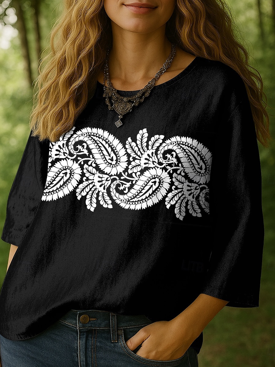 Damen Bluse Grafik Paisley-Muster Bohemien Tropisch Lässig Dreiviertelarm Rundhalsausschnitt Normale Oberteile Täglich Ferien Urlaubskleidung Druck Weiß Blau Purpur Grün Sommer Frühling 2025 - $27.99 –P1