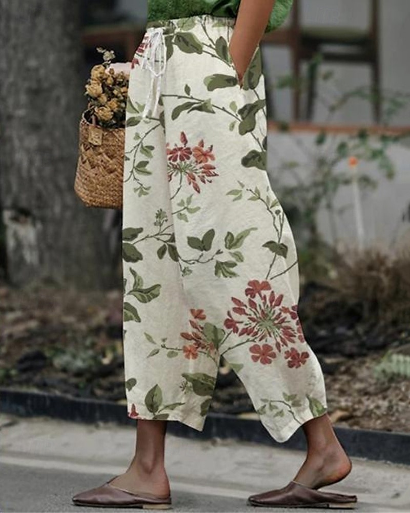 Pentru femei Pantaloni din bumbac in Pantaloni Decupați Șic Stradă Boho Lungime până la glezne Talie medie Floral Talie elastică Comfortabil Purtare Zilnică Ieșire Alb Vară Primăvară Fit regulat 2025 - $23.99 –P1