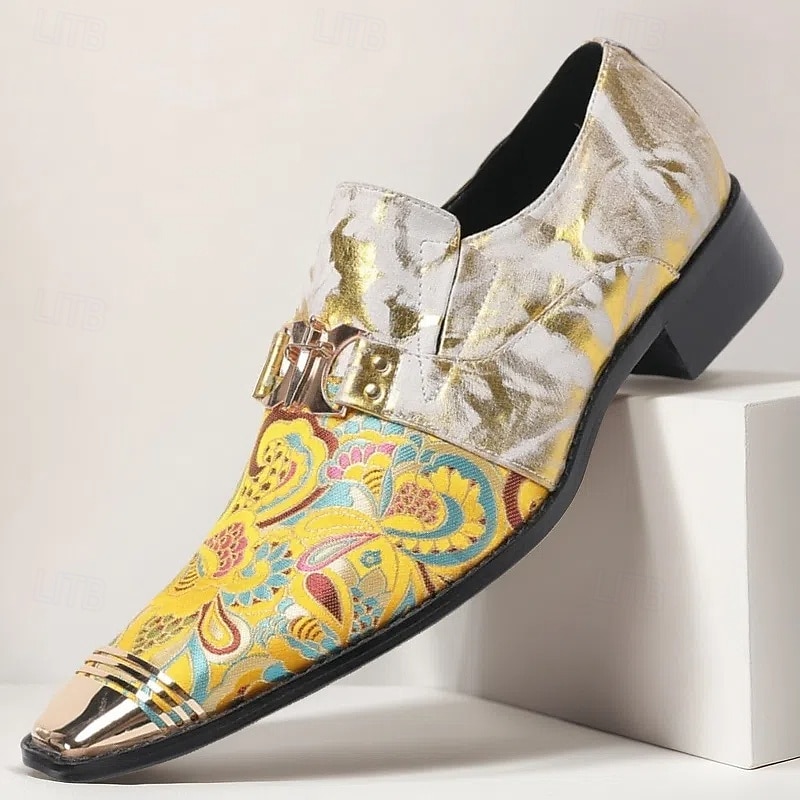 Men's Gold and White Floral Design Dress Shoes–Elegant Formal Footwear for Weddings and Gala Events 2025 - $119.99 –P1